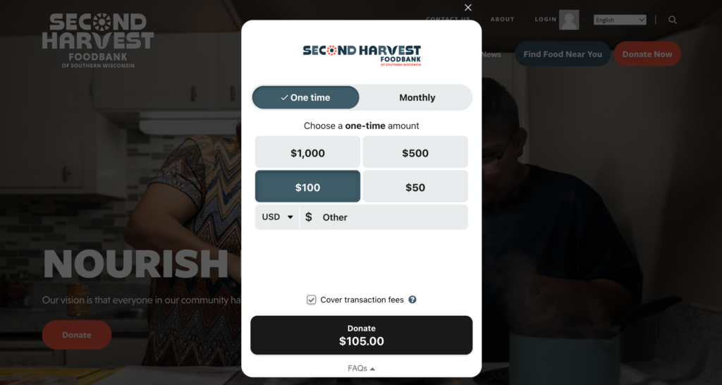 Embedded Donation Form on Second Harvest's nonprofit website