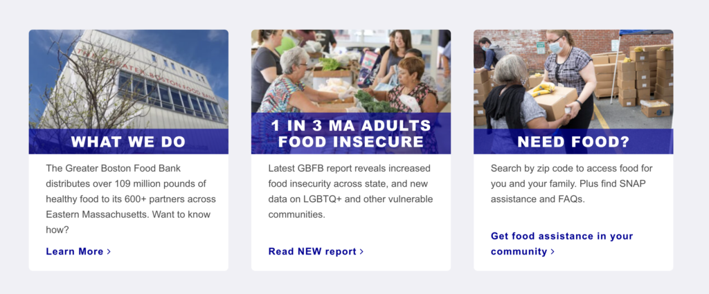 Impact blocks on GBFB's nonprofit website