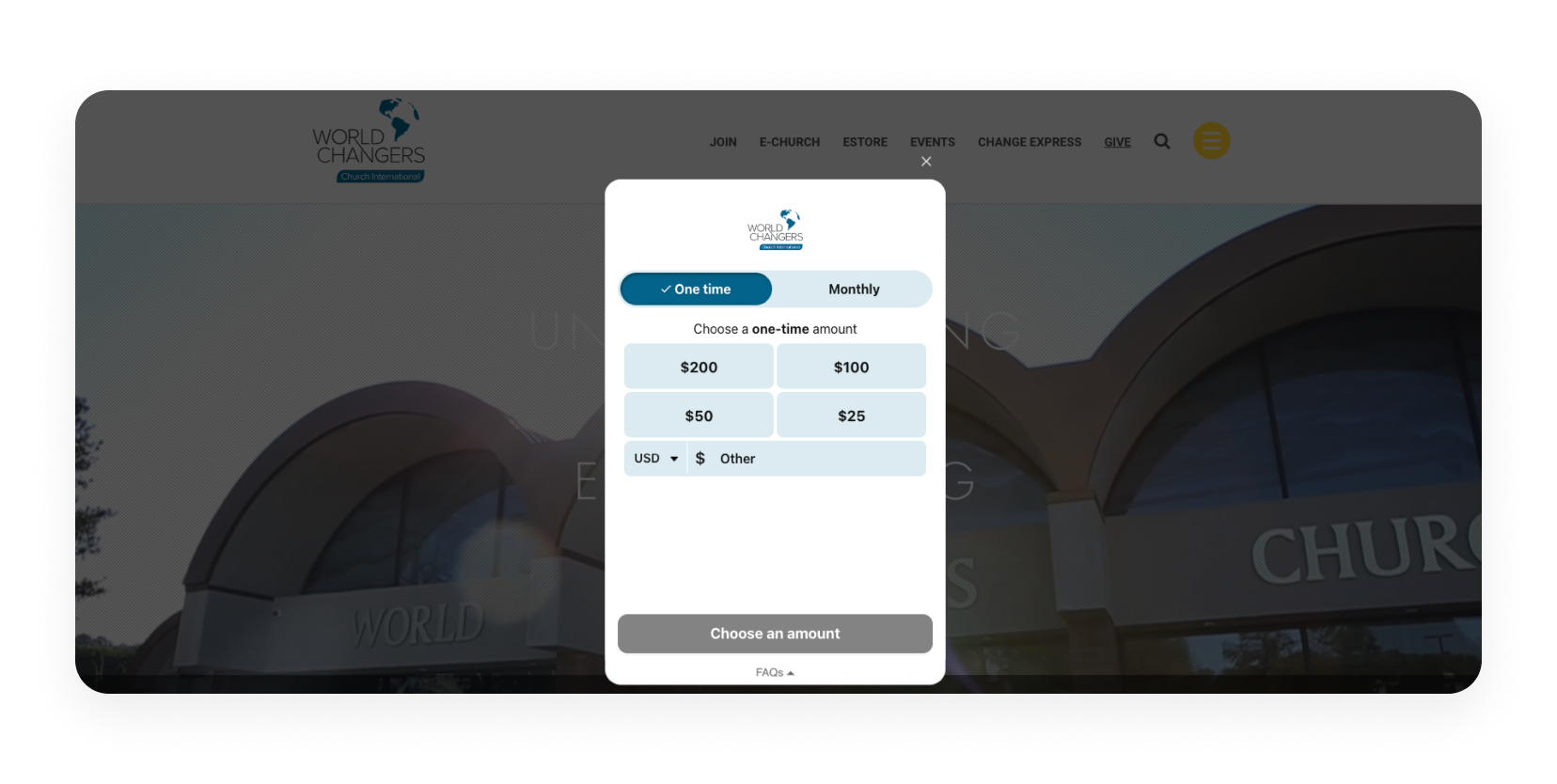 Pop-up donation form on World Changer’s homepage