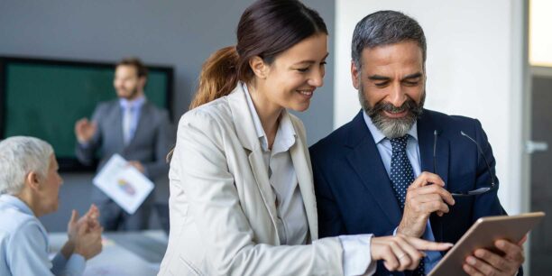 Coworkers choosing a template