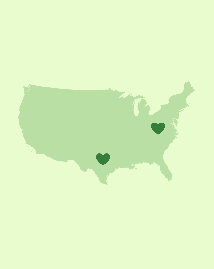 United states with a heart over Texas and West Virginia
