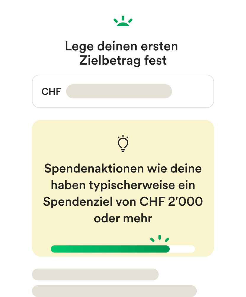 Wireframe-Benutzeroberfläche für Mobilgeräte zur Erstellung eines Spendenaufrufs und zum Festlegen eines Zielbetrags