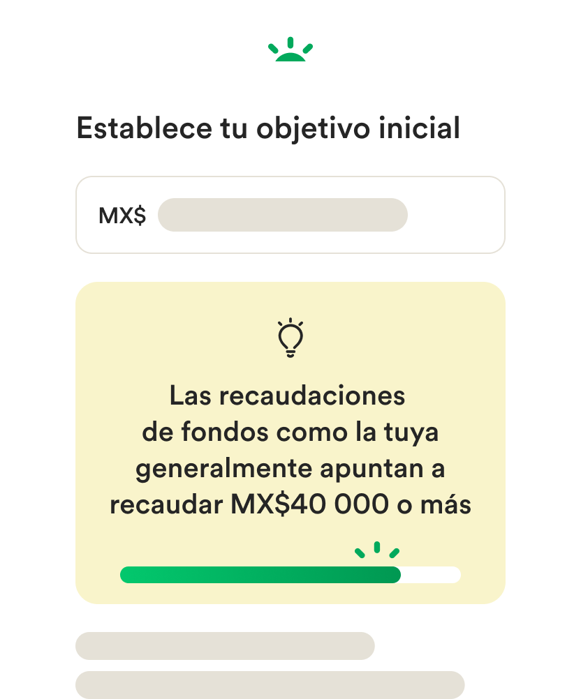 IU de wireframe móvil para crear una recaudación de fondos y definir un objetivo monetario