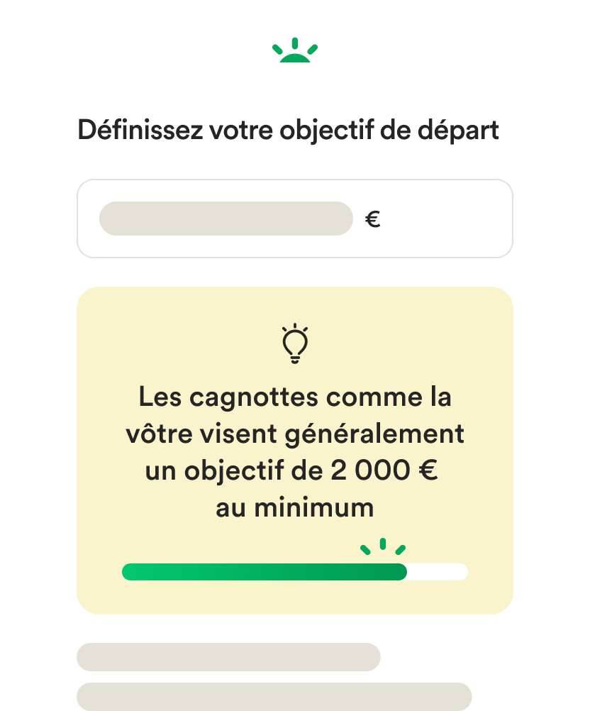Wireframe de l'interface utilisateur mobile pour la création d'une cagnotte et la fixation d'un objectif monétaire