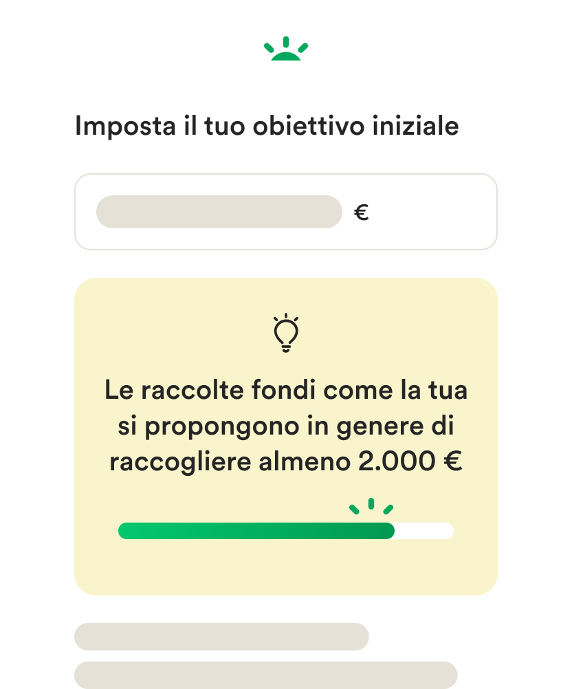 Wireframe interfaccia utente mobile per creare una raccolta fondi e impostare un obiettivo monetario