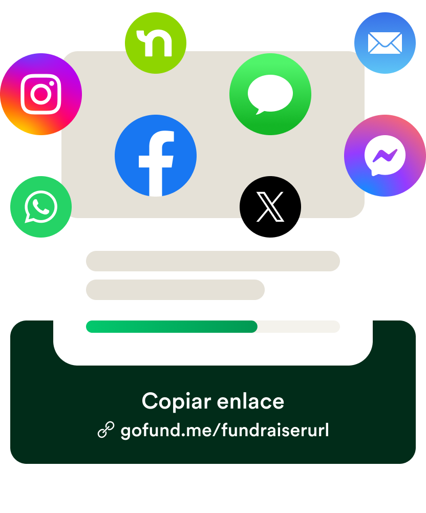 IU de wireframe móvil para compartir un enlace de recaudación de fondos en redes sociales