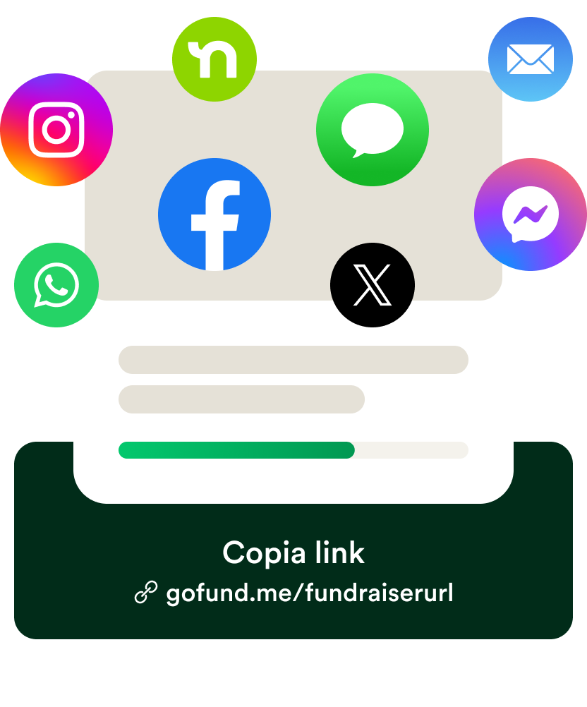 Interfaccia utente mobile wireframe per condividere il link di una raccolta fondi sui social network