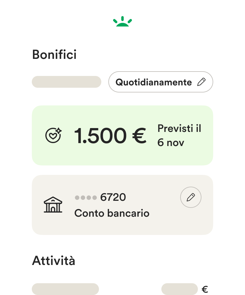 Wireframe interfaccia utente mobile per le impostazioni dei bonifici bancari